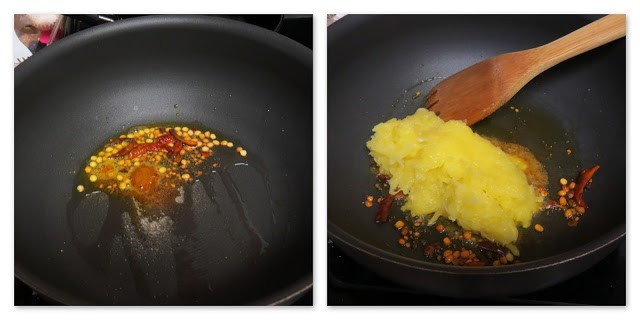 Stepwise process shot of picture collage of raw mango rice showing how to do tempering (maangai sadam)