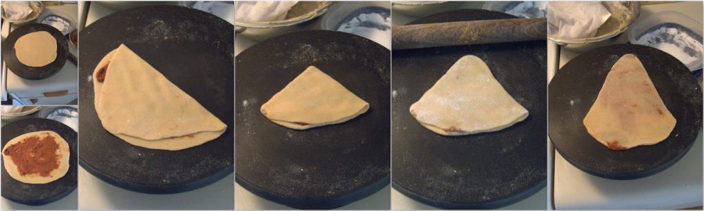 Process shot for how to fold the besan masala roti in a triangular shape. 